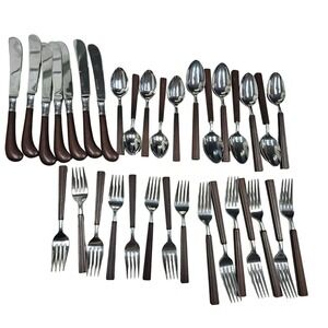 Vintage EKCO ETERNA Rare Shape Brown Faux Wood‎ Handle Flatware Forks 34 Pieces